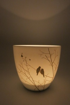 LAMPION ŚWIECZNIK duży porcelana tealight ptaki