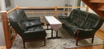 Stylowa Kanapa i 2 Fotele (skóra+drewno)