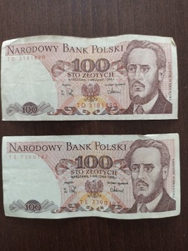 2 banknoty nominał 100zł 1988rok Waryński 