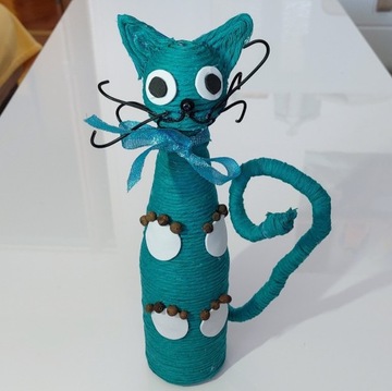 Kot ze sznurka - turkusowy, niebieski, rękodzieło