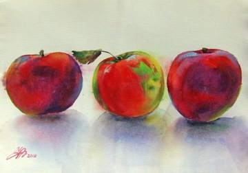 „Thre red apples” akwarela, papier 295x415 mm