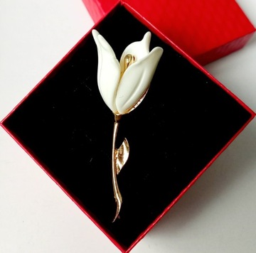 Broszka Tulipan Dzień Matki Na prezent Biel Złoto