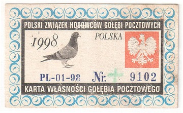 Karta własności gołębia pocztowego 1998r.