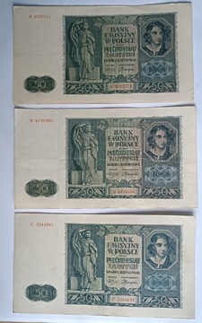Trzy banknoty 50 złotych 1941 