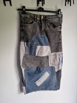 Patchworkowa ciemny jeans spódnica Midi 38 M