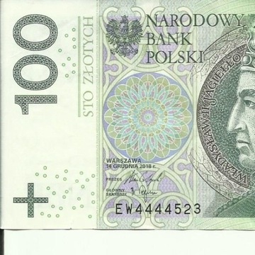 100 PLN z unikatowym numerem EW 4444523