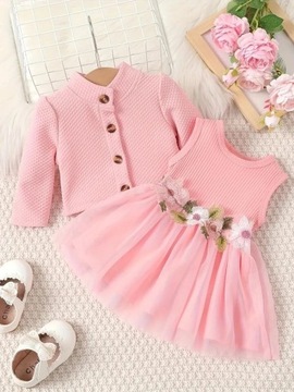  Piękna sukienka różowa z tiulem kwiaty plus sweterek komplet 86/92 nowa