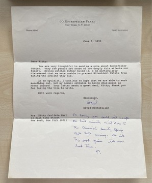 David Rockefeller list z odręcznym podpisem