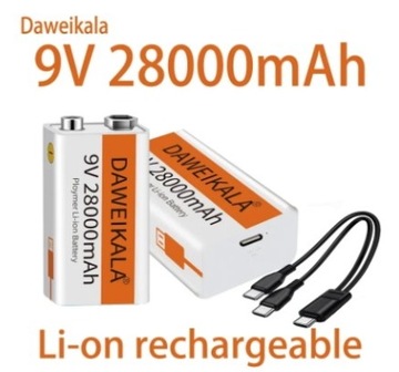 2X Akumulator 9V 28000mAh litowo-jonowy(6F22)kabel