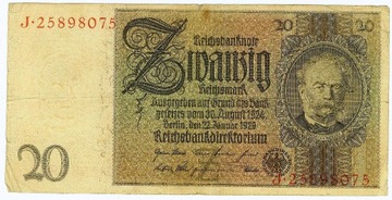 20 REICHSMARK 22.1.1928 - ser J stan jak na skanie