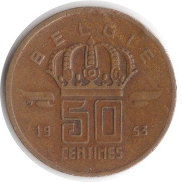 BELGIA, 50 centymów 1953 KM 145, tekst niderlandz.