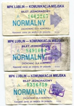 Bilety MPK  Lublin - 3 x Normalny, różne kwoty !!!