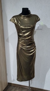Złota sukienka koktajlowa 36 38 marszczona
