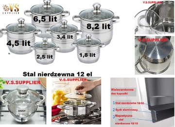 Zestaw garnków 12 el 1,8L 2,5L 3,4L 4,5L 6,5L 8,2L