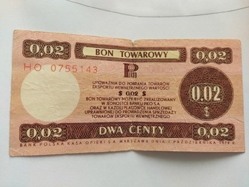 Bon towarowy 2 centy Pekao 1979