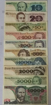 Banknoty PRL-u zestaw 10 - 10 000 zł stan UNC