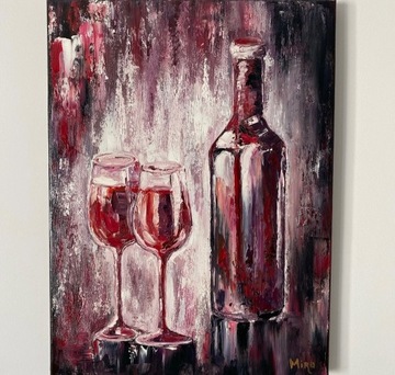 Kompozycja z czerwonym winem ręcznie malowana.