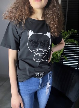 Bluzka T-shirt Damski Biały Czarny Kot Cyrkonie 