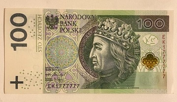 Banknot 100 zł o rzadkiej numeracji GO 1777777