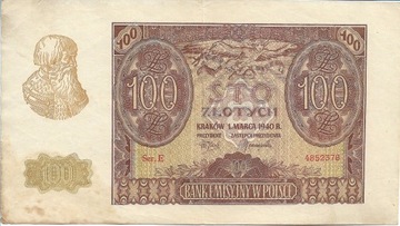 BANKNOT 100 ZŁ 1940R  Ser. E 4852378   