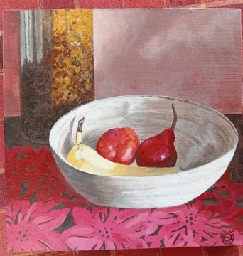 Misa z owocami, obraz akrylowy ręcznie malowany 