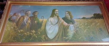 Stary obraz Jezus i Apostołowie w ramie za szybą