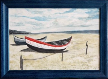 Obraz, akwarela na papierze, łódki plaża
