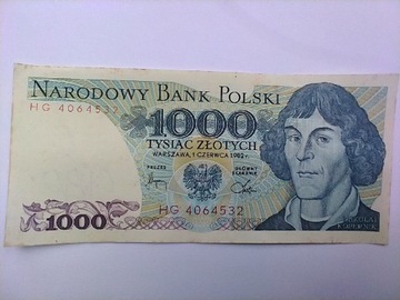 Banknot tysiąc złotych seria HG 1982 M.Kopernik