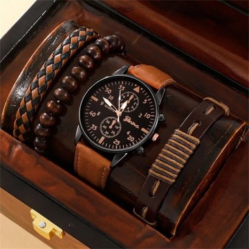 Zestaw męski zegarek bransoletki brązowy prezent 