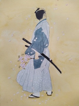 Obraz, Akwarela - Japońska grafika, Samuraj,  A5.