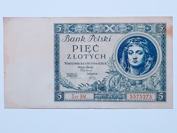 150#N BANKNOT 5 ZŁOTYCH 2 STYCZNIA 1930 ROK SERIA BM 5575273