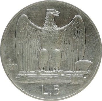 Włochy 5 lire 1930, Ag KM#67.1