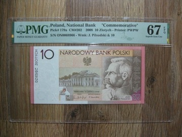 BANKNOT 10 ZŁ PIŁSUDSKI NIEPODLEGŁOŚĆ 2008 ROK GRADING  PMG 67 UNC