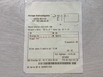 Bilet koleje Dolnośląskie Wrocław Gł. Rawicz 2014
