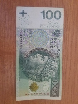 Banknot obiegowy 100zł ładny numer BJ 2096666