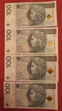 Banknoty 4 szt. 100zł seria FA stan idealny 