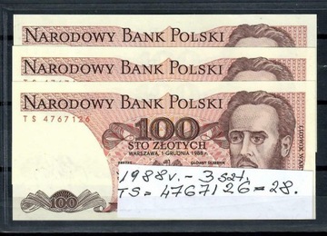 9 szt. banknotów 100,- zł., stan UNC 1988r. 