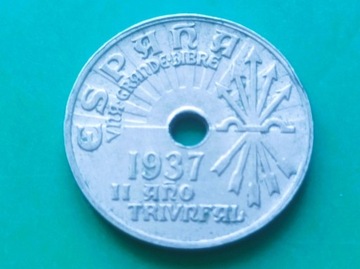 HISZPANIA 25 Centimes 1937 z otworem