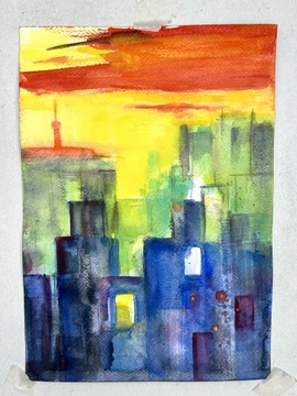Miasto w abstrakcji zachodu słońca. Akwarela A4