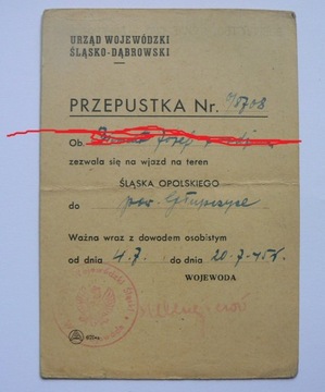 Przepustka polsko rosyjska 20.07.1945 Głubczyce