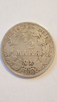 1/2 Mark 1905 A Deutsches Reich Niemcy srebro #69