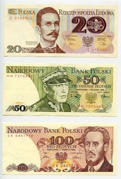 3 banknoty PRL 20, 50, 100 zł