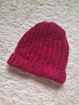 Nowa handmade czapka wełna wełniana beanie bordowa