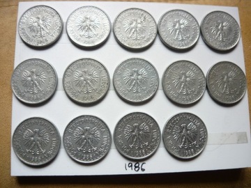 Monety 1 zł z 1986r,14szt,kpl.