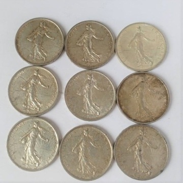 5 Franków Srebro -  9 szt. monet  (1960-1964 r.)