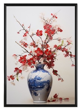 Plakat 30x40cm -grecki biało niebieski wazon,z biało czerwonymi kwiatami