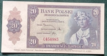 Polska 20 zł 1939 PWPW 2006r reprodukcja unc