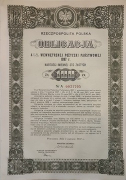 Obligacja na 100 zł wewnętrznej pożyczki 1937r.