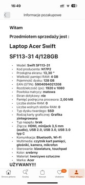 Acer Swift 1 - 113-31- Używany z Ładowarka Polecam