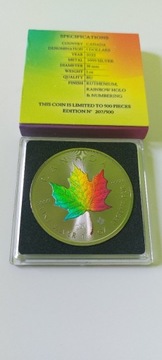 Moneta Kanadyjski Liść Klonowy Rainbow Holo 1oz Ag